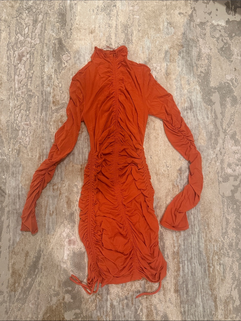 A.L.C. Rust-Orange Ruched Long-Sleeve Mini Dress